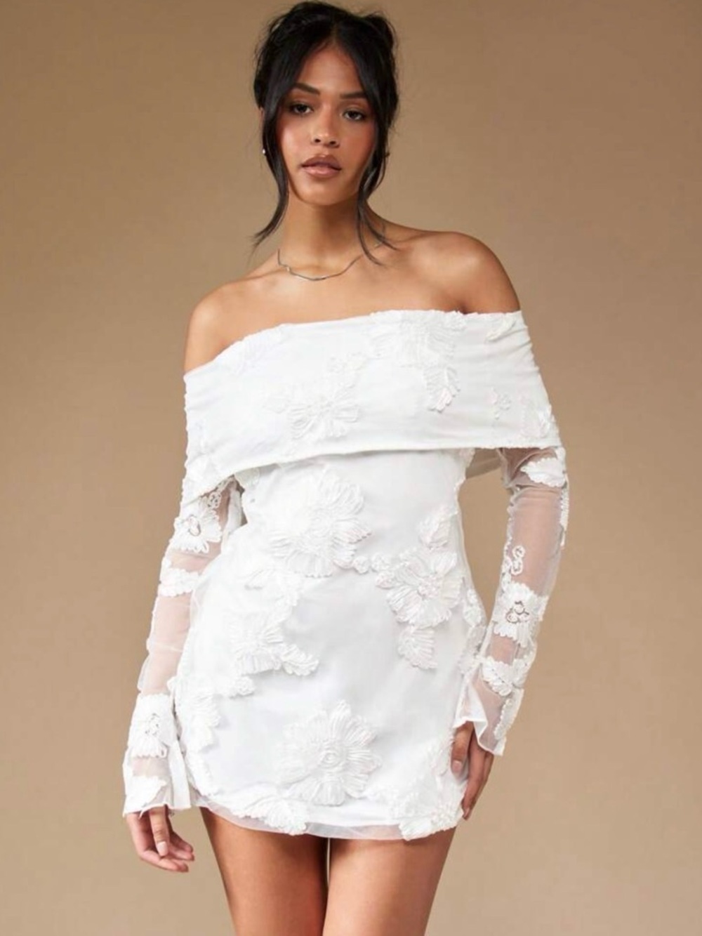 White Off-Shoulder Lace Dress- graduation, bridal shower, rehearsal, reception - Picture 2 of 6